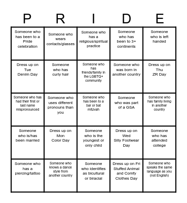 HTP Pride Week Bingo Card