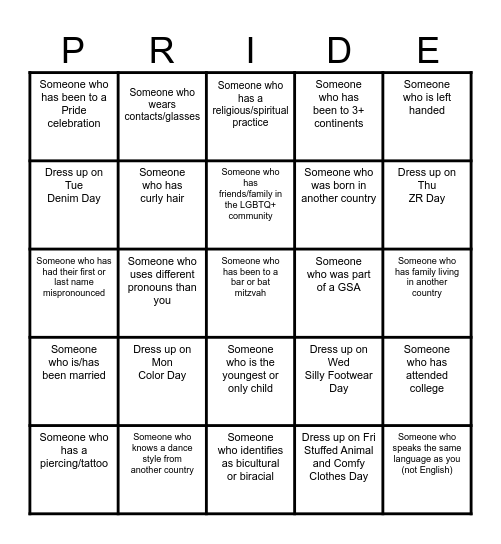 HTP Pride Week Bingo Card