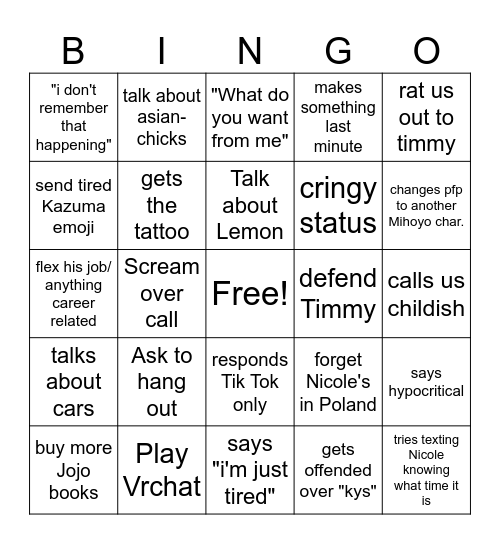 Thomas Summer Bingo Card