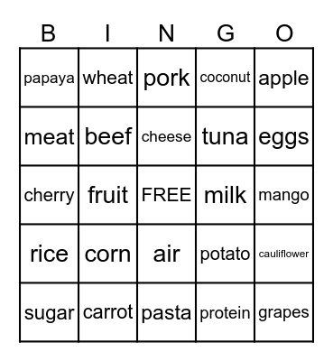 MYPLATE Bingo Card