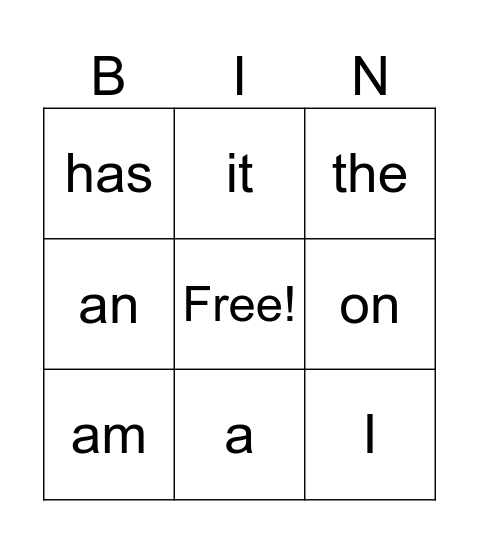 High Frequency Words Bingo Card