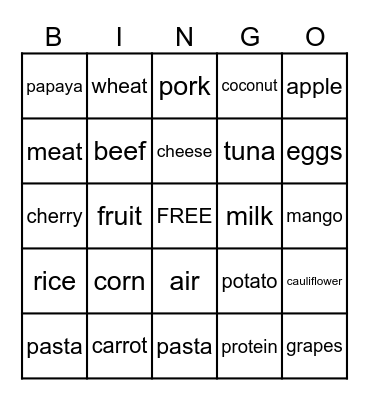 MYPLATE Bingo Card