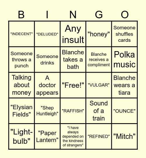 'A Streetcar Named Desire' Bingo Card