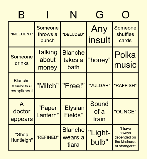 'A Streetcar Named Desire' Bingo Card