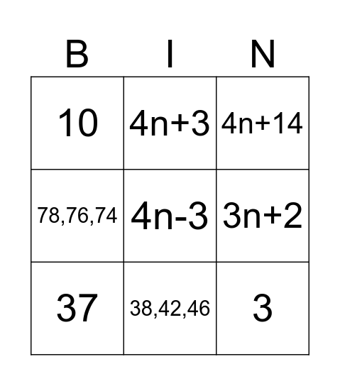 Sequences Bingo Card