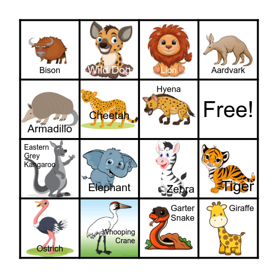 Grassland Animals Bingo Card