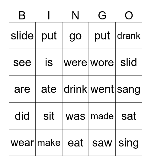 Irregular verb tense PAST & Present Bingo Card