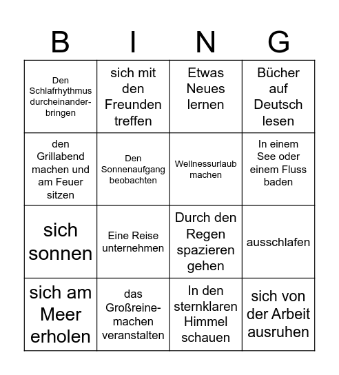 Sommerbingo - Was wollen Sie im Sommer machen? Bingo Card