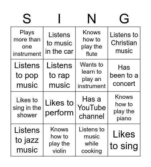 Find someone who... (music edition) Bingo Card
