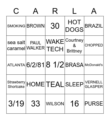 CARLA'S BRIDAL SHOWER Bingo Card