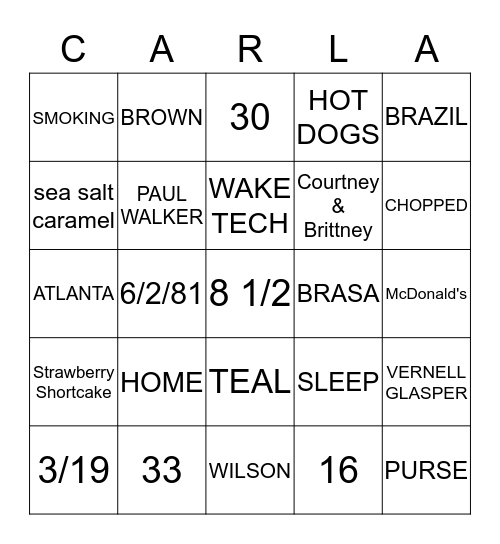 CARLA'S BRIDAL SHOWER Bingo Card