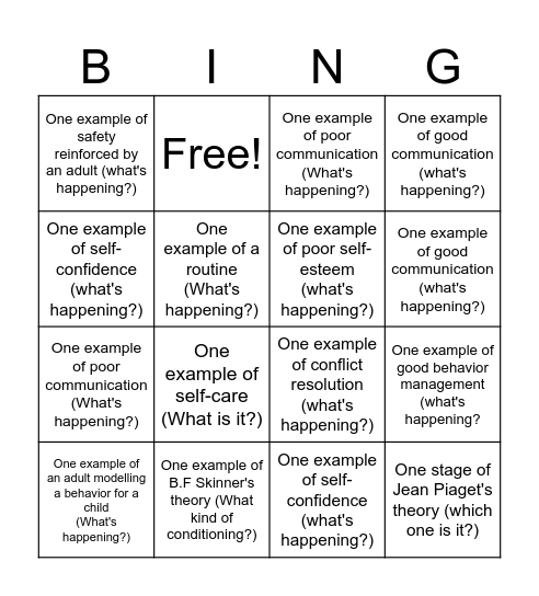 Family Studies Bingo Card