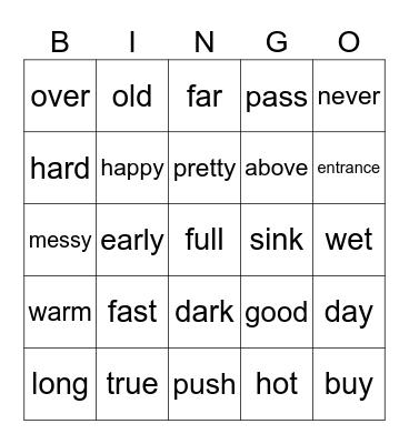 Antonyms Bingo Card