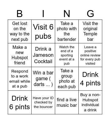 Bar Crawl Bingo Card