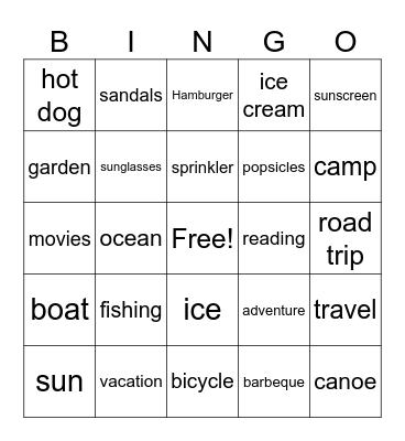 Summer fun Bingo Card