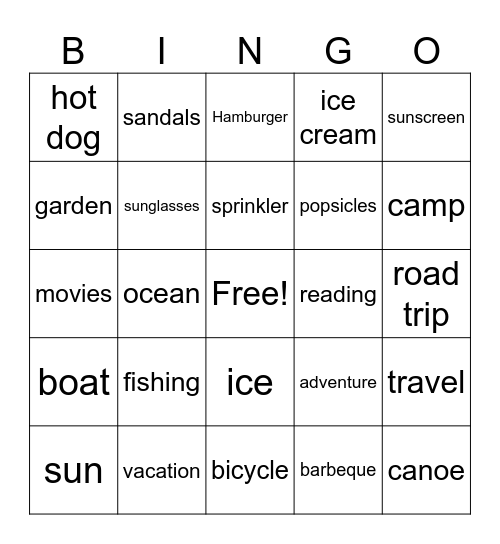 Summer fun Bingo Card