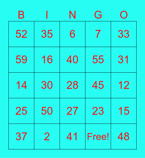 Numbers 1-60 Bingo Card