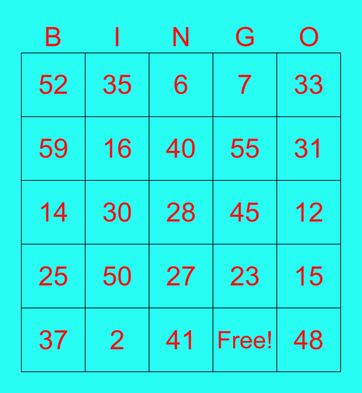 Numbers 1-60 Bingo Card