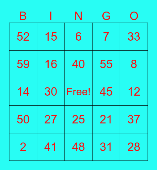 Numbers 1-60 Bingo Card