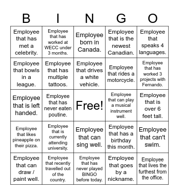 Get to know your WECC co-workers Bingo Card