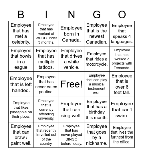 Get to know your WECC co-workers Bingo Card