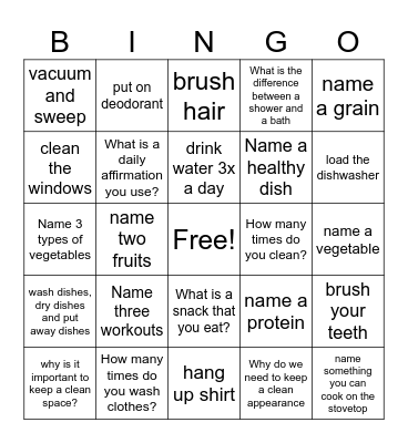 Daily Living Skills Bingo Card