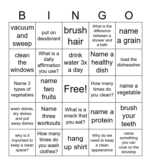 Daily Living Skills Bingo Card
