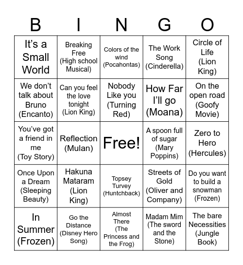 Magical World of Disney Bingo Card