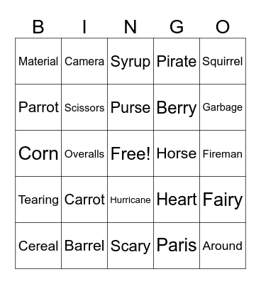 Medial R Bingo Card