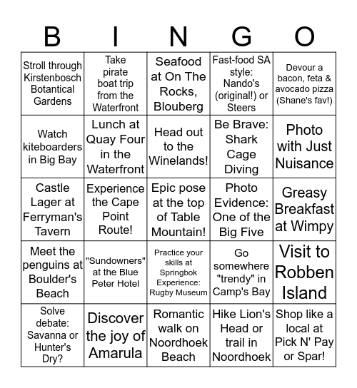 CAPE TOWN ADVENTURE Bingo Card