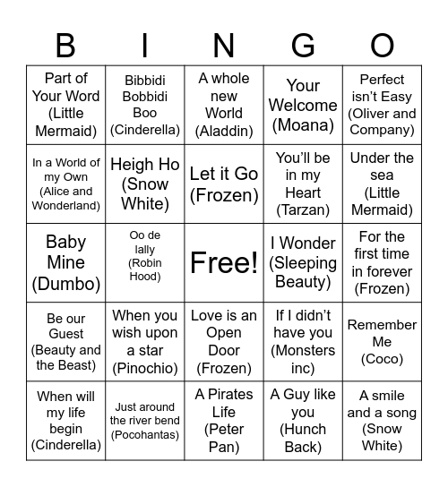 Magical World of Disney Bingo Card