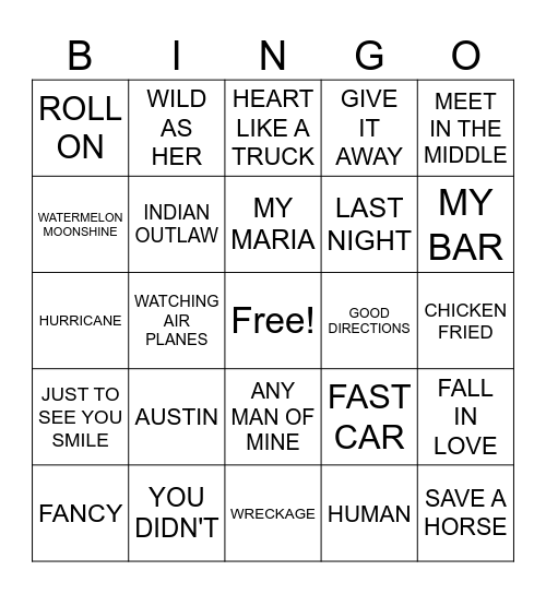 COUNTRY HITS Bingo Card