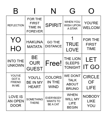 DISNEY SING A LONG Bingo Card