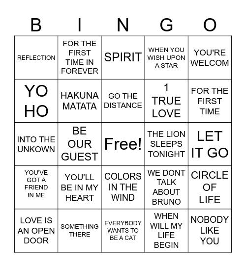 DISNEY SING A LONG Bingo Card