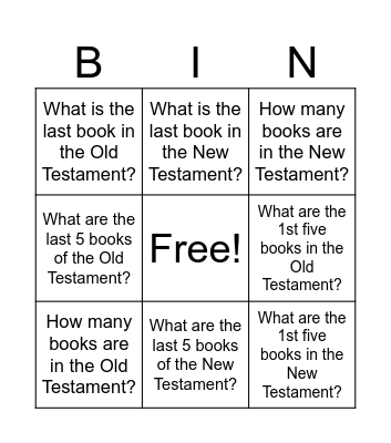 Bible Bingo -- Round 1: Books of the Bible Bingo Card