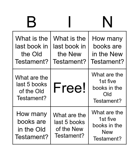Bible Bingo -- Round 1: Books of the Bible Bingo Card