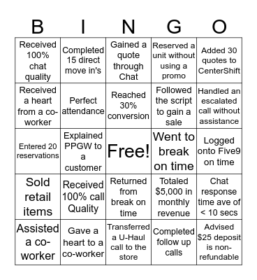 Call Center Bingo Card