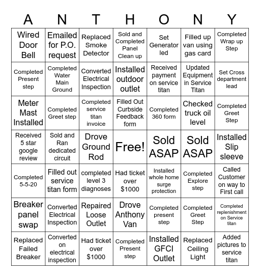 Electrical Ride Along Bingo Card