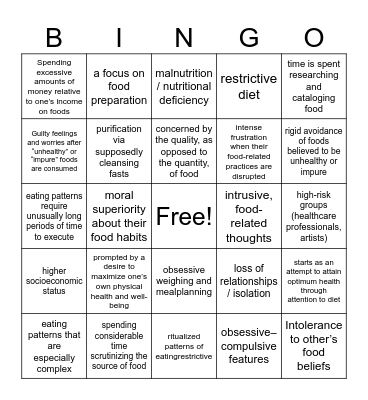 orthorexia Bingo Card