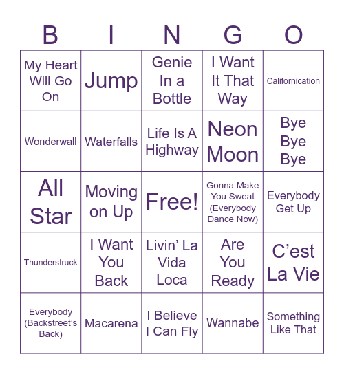 Music Bingo: 90s Hits! Bingo Card