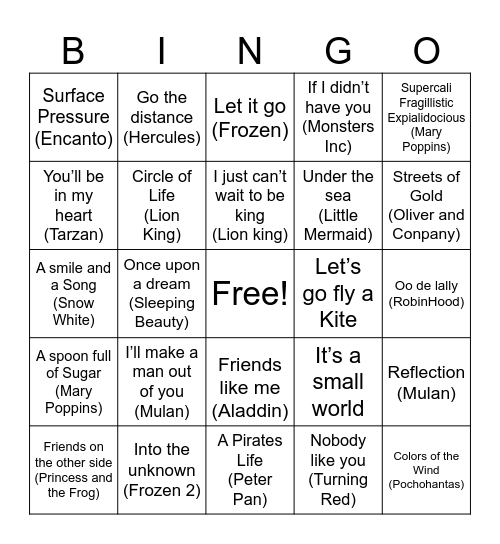 Magic World of Disney Bingo Card