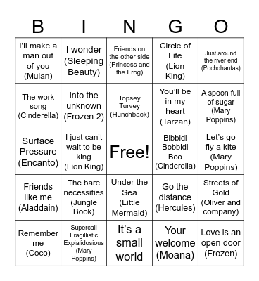 Magical World of Disney Bingo Card