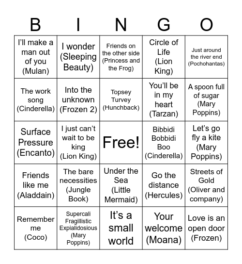 Magical World of Disney Bingo Card