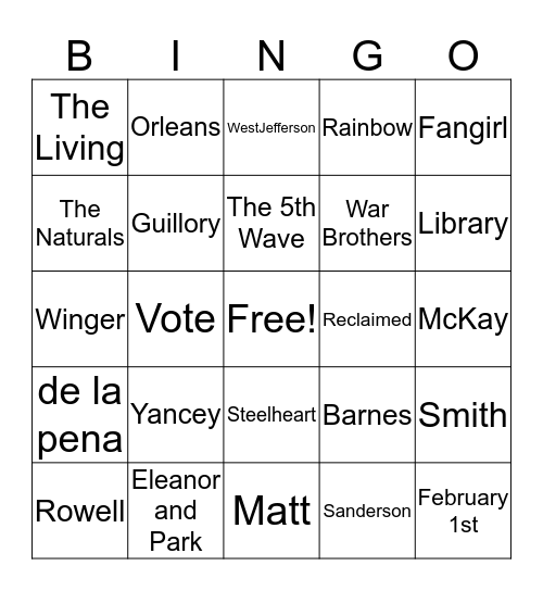 Louisiana Teen Readers' Choice Bingo Card