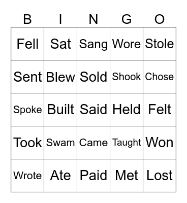 Irregular verbs - Simple Past Tense Bingo Card