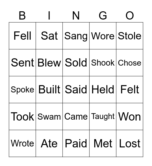 Irregular verbs - Simple Past Tense Bingo Card