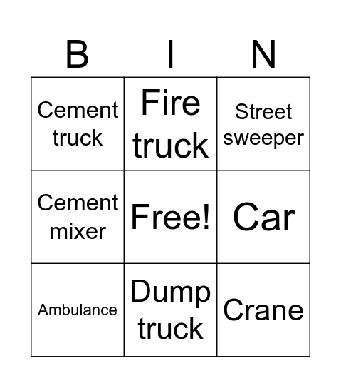 Truck bingo Card