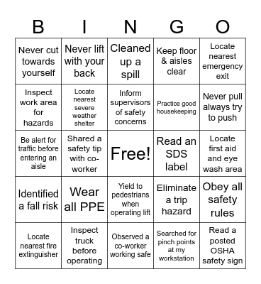 Safety Bingo Card
