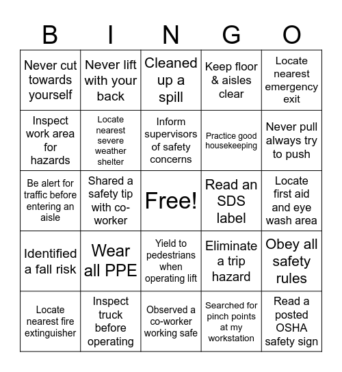 Safety Bingo Card