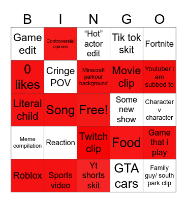 youtube shorts Bingo Card